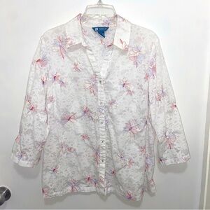 Koret White, Purple, Pink And Embroidered Floral Collared Top
